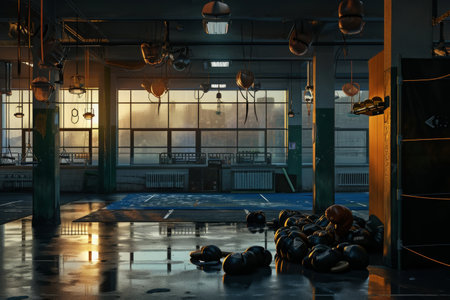 Expansive Room With Indoor Basketball Court, A silent, deserted gym at dusk with scattered boxing gloves, AI Generatedの素材
