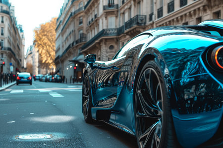 A blue sports car zooms down a bustling city street surrounded by tall buildings and other vehicles, A shiny, blue sports car cruising the streets of Paris, AI Generatedの素材