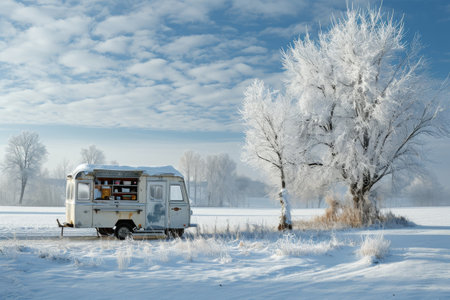 A white truck is parked in the snow next to a tree, creating a scene of winter landscape, A small food truck in a winter landscape, AI Generatedの素材
