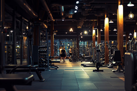 A crowded gym filled with people actively using various exercise machines, A snapshot of life inside a bustling, urban 24/7 gym, AI Generatedの素材