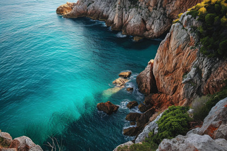 A Body of Water Near a Rocky Cliff, A soaring view of a vibrant sea and dramatic rocky cliffs, AI Generatedの素材