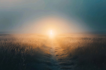 A painting capturing the natural beauty of a sun setting over a field, with warm colors illuminating the landscape, A softly lit tunnel standing alone in a vast field, AI Generatedの素材