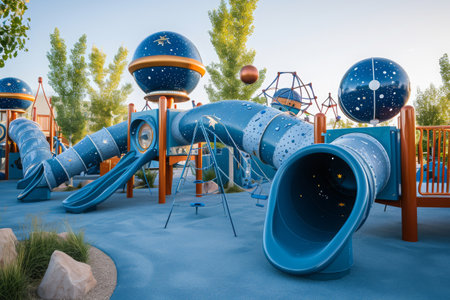 A vibrant childrens play area featuring a blue slide and a basketball hoop for active play and fun, A space-themed playground with astral play structures, AI Generatedの素材