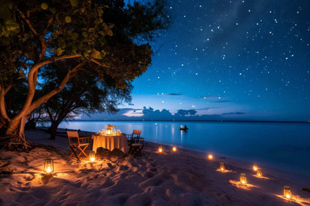 Two chairs sit atop a sandy beach with the ocean waves gently crashing in the background, A softly-lit romantic dinner setup on a beach under a starry night sky, AI Generatedの素材