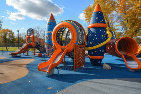 A lively childrens play area filled with excitement and laughter as kids slide down the vibrant slide and enjoy a swing ride, A space-themed playground with astral play structures, AI Generatedの素材