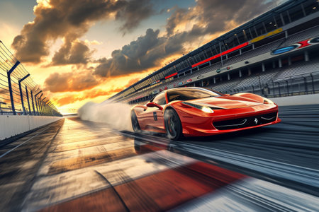 A red sports car is captured in motion as it speeds around a race track, A sports car victorious, spinning Ã¢â¬ËdonutsÃ¢â¬â¢ on the track after winning a race, AI Generatedの素材
