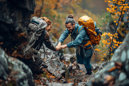 A man and a woman actively hiking through a wooded area with dense foliage, A spirited helping hand from hiker to friend amid a challenging climb, AI Generatedの素材