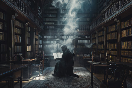 A woman sits in a library reading a book, immersed in her quiet study, A spectral writer trapped forever in an ancient library, AI Generatedの素材