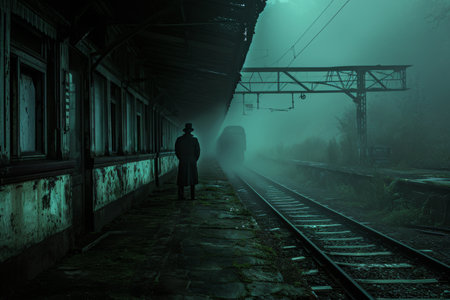 A man is seen standing on a train track at night, creating a mysterious and dangerous atmosphere, A spectral train conductor forever waiting at an abandoned station, AI Generatedの素材