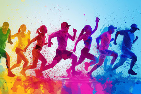 Several individuals running in a group on a vibrant and colorful background, A splash of colors representing various group fitness classes, AI Generatedの素材