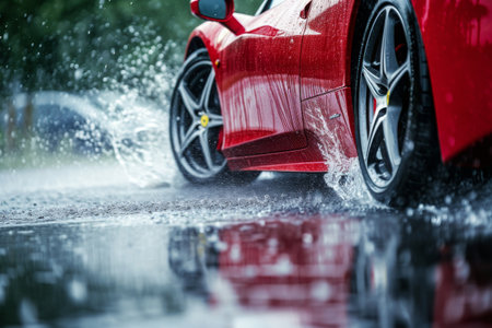 A red sports car sprays water as it confidently drives through a large puddle on a wet road, A sports car racing in the rain with water splashing up from the wheels, AI Generatedの素材