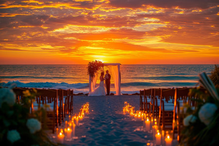 A couple stands together, surrounded by family and friends, as they celebrate the end of their wedding ceremony, A stunning sunset illuminating a beach-side wedding, AI Generatedの素材