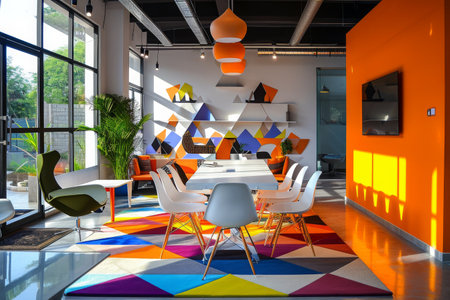 A vibrant, multi-colored rug adds a lively touch to a generously-sized room with ample natural light, A start-up office with colorful decorations, AI Generatedの素材