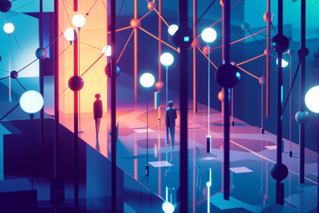 A man stands in front of a brightly lit room filled with numerous lights, A stylized, minimal depiction of a network hub, AI Generatedの素材