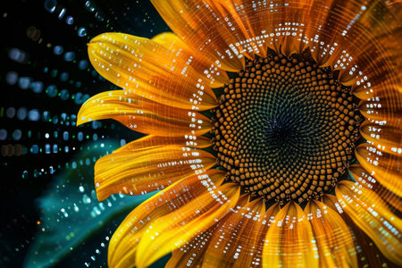 A vibrant, sunny sunflower drenched in water droplets, capturing the refreshing beauty of nature, A sunflower with petals crafted from binary code, AI Generatedの素材
