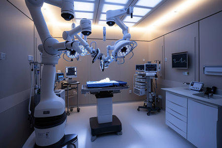 A hospital room equipped with medical instruments and illuminated by bright lights, A surgical suite with robotic arms, AI Generatedの素材