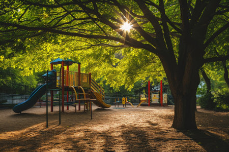 A photo of a park featuring a play structure surrounded by trees, A sunlight-dappled playground under a canopy of trees, AI Generatedの素材