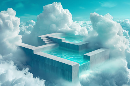 This surreal image captures an otherworldly scene of clouds and water floating in the sky, A surreal image of a 'data pool', representing storage, with both NAS and cloud diving into it, AI Generatedの素材