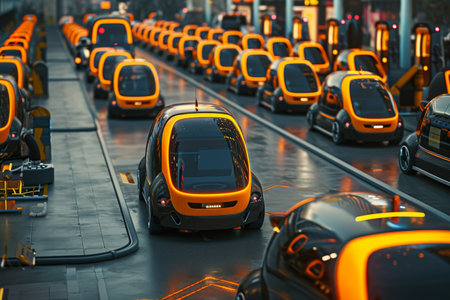 Numerous cars lined up and parked along the street, A swarm of autonomous electric vehicles at a city charging station, AI Generatedの素材