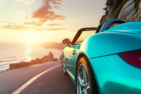 A blue sports car speeds down a road that runs parallel to the ocean on a sunny day, A teal sports car on a sunlit coastal road, AI Generatedの素材