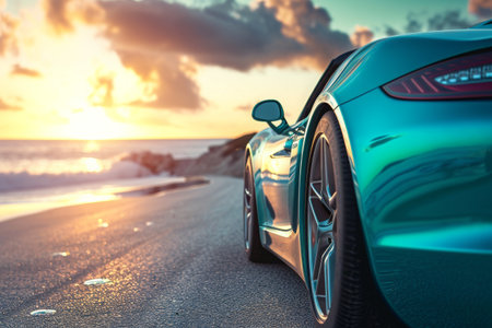 This photo features a detailed shot of a car driving on a road alongside the ocean, A teal sports car on a sunlit coastal road, AI Generatedの素材