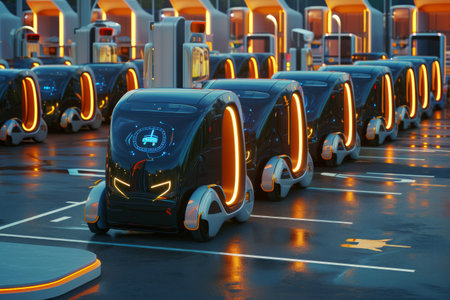 A Row of Futuristic Cars Parked in a Parking Lot, A swarm of autonomous electric vehicles at a city charging station, AI Generatedの素材