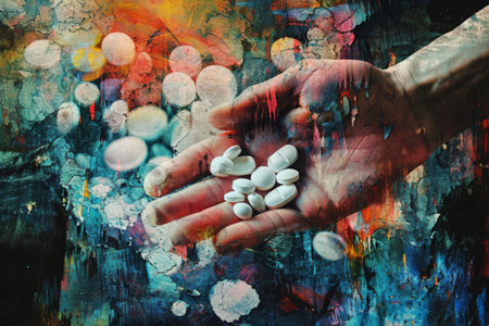 A depiction of a person grasping a handful of pills, showcasing the theme of medication and its impact, A textured image showcasing the hurtful touch of opioid misuse, AI Generatedの素材