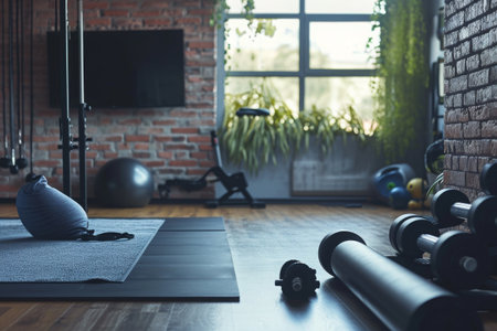A gym room featuring various exercise equipment and a television for the ultimate workout experience, At-home workout setup equipped with innovative fitness gear, AI Generatedの素材