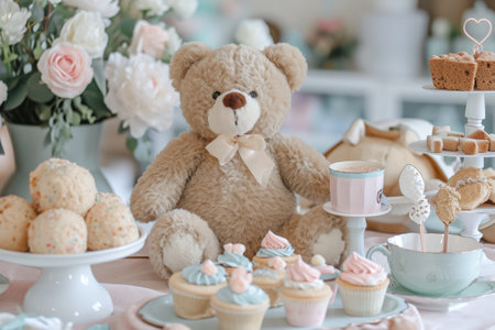 A teddy bear sits at a table surrounded by cupcakes and cakes, A teddy bear's tea party birthday celebration, AI Generatedの素材
