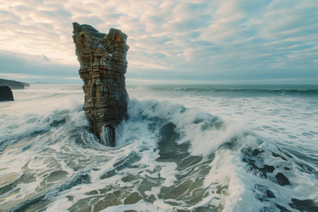 A massive rock formation protrudes boldly from the ocean, dominating the surrounding waters, A towering view of a solitary sea stack amidst foamy sea waves, AI Generatedの素材