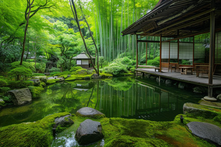A small pond nestled among vibrant green trees in a natural landscape, A tranquil bamboo and moss garden in Kyoto, Japan, AI Generatedの素材