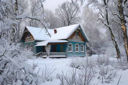 A house nestled amidst the snowy trees of a remote forest, A traditional Russian dacha in winter, AI Generatedの素材