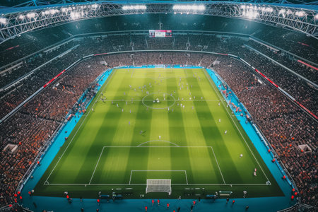 A massive stadium packed with thousands of individuals cheering and enjoying a live event, A top view of football match in a large stadium, AI Generatedの素材