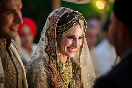 A woman wearing a wedding dress happily smiles as she walks down the aisle, A traditional Islamic wedding ceremony, AI Generatedの素材