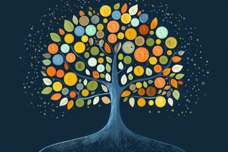 This photo captures a painting depicting a tree adorned with numerous circles, creating an intriguing visual pattern, A tree map showing the distribution of funds in a portfolio, AI Generatedの素材