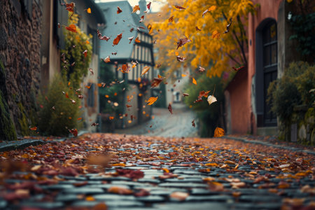 A street surrounded by a profusion of fallen leaves lies adjacent to a sturdy building, Autumn leaves falling on a cobblestone street in a small European village, AI Generatedの素材
