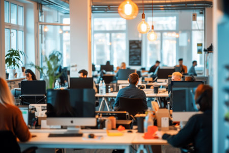 A group of individuals are seen sitting at their desks in a busy office environment, engaged in their work, A vibrant business office bustling with employees, AI Generatedの素材