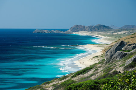 A panoramic view of a sandy beach and the vast ocean from a hilltop, capturing the scenery and waves crashing against the shore, A vast scenery with deep blue waters and sandy shores, AI Generatedの素材