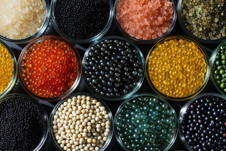 Close Up of Various Types of Beans, A variety of different caviar types, each with their distinct color and size, displayed side by side for comparison, AI Generatedの素材