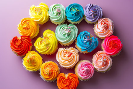 Heart-shaped Cupcakes: A Sweet Delight for Any Occasion, A vibrant array of cupcakes arranged in the shape of a heart, AI Generatedの素材