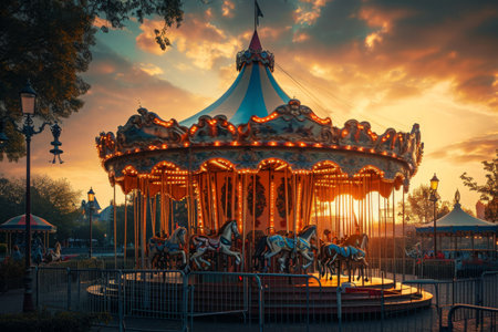 A colorful carousel with horses rotating at a park as the sun sets in the background, A vintage carousel in a dreamy amusement park illuminated by the setting sun, AI Generatedの素材