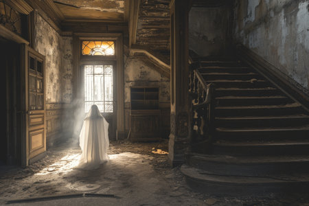 A woman wearing a white dress stands tall in a darkly lit room, exuding elegance and poise, A Victorian era ghost hovering in an abandoned mansion, AI Generatedの素材