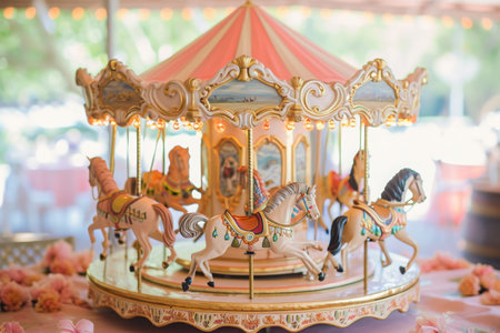 A photo of a miniature merry go round with intricately designed horses, placed on a table for display, A vintage carousel celebration for an exciting birthday party, AI Generatedの素材