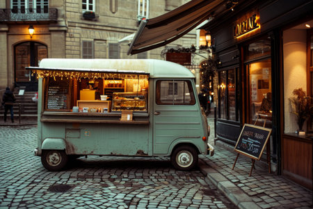 A food truck is parked on a cobblestone street, serving delicious food to customers, A vintage food truck in the cobblestone streets of Europe, AI Generatedの素材