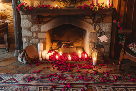 A fireplace adorned with a display of roses and candles providing warm and inviting ambiance, A warm fireplace surrounded by a rug, rose petals, and love letters, AI Generatedの素材