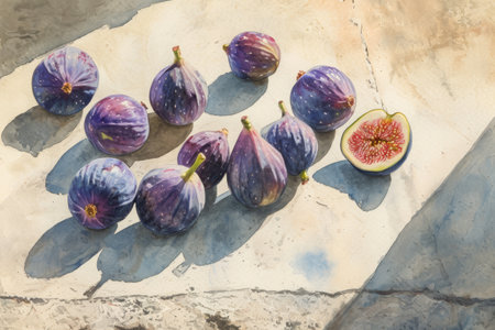 A Group of Figs Sitting on Top of a Stone Slab, A watercolor painting of ripe, luscious figs, with emphasis on the light and shadow contrast, AI Generatedの素材