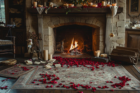 A cozy fireplace with a scattered arrangement of rose petals on the floor creating a romantic ambiance, A warm fireplace surrounded by a rug, rose petals, and love letters, AI Generatedの素材