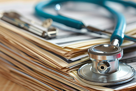 A stethoscope is placed on a pile of papers, creating a visual representation of medical paperwork and healthcare, A well-used stethoscope sitting atop a pile of medical records, AI Generatedの素材