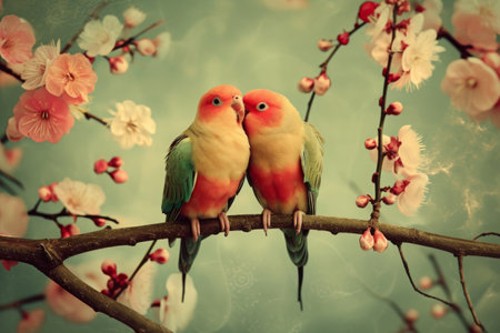 Two birds sitting atop a sturdy tree branch, showcasing their natural behavior in their habitat, A whimsical image of two lovebirds perched on a blossom-covered tree branch, AI Generatedの素材