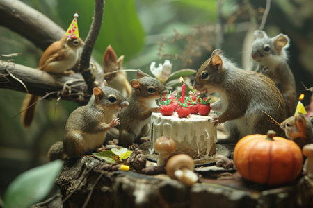 A number of squirrels sit around a birthday cake, seemingly celebrating and interacting with each other, A whole zoo of tiny animals celebrating a birthday, AI Generatedの素材